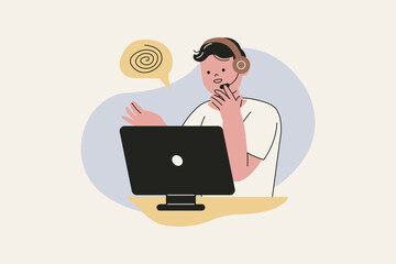 Illustration of Online Therapist with Headset Talking to Computer