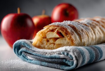 Freshly Baked Apple Strudel with Crisp Apples and a Dusting of Sugar on a Soft Towel in a Rustic Kitchen Setting
