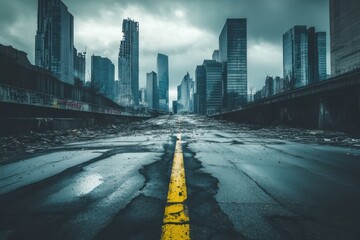 Abandoned city street with yellow line and damaged buildings under a cloudy sky in a dystopian setting