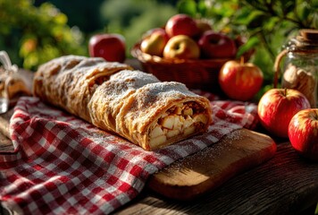 Freshly Baked Apple Strudel with Dusting of Powdered Sugar Surrounded by Fresh Apples on a Rustic Table Outdoors