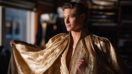 A performer preparing for a grand finale with props and cape