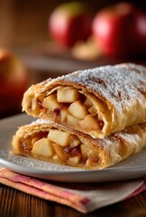 Freshly Baked Apple Strudel with Dusting of Sugar Served on White Plate Garnished with Red Apples in Background for Culinary Presentation