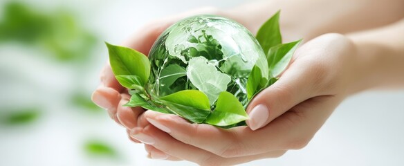 The hands holding a green globe surrounded by vibrant leaves for protection.