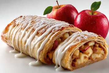 Freshly Baked Apple Strudel with Flaky Pastry and Cream Drizzle Next to Juicy Red Apples on a White Background