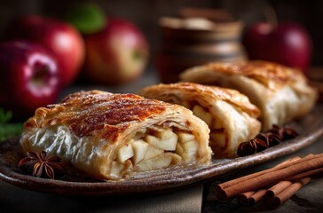 Freshly Baked Apple Strudel with Flaky Pastry and Cinnamon on Rustic Wooden Table Surrounded by Apples and Spices for Cozy Dessert Vibes