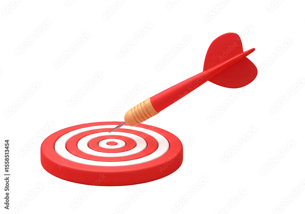 Poster red dart hitting the center of a red and white target isolated on transparent background