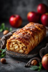 Freshly Baked Apple Strudel with Flaky Pastry and Juicy Apples Surrounded by Red Apples and Nuts on a Dark Background