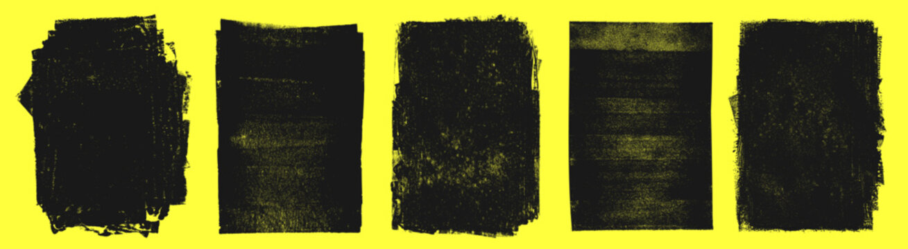 Grunge A4 textures set. Linocut, relief printing rectangle rough textured distressed aged shapes collection. Black uneven edge backgrounds, text frames. Paint roller stains, lino ink grungy remains