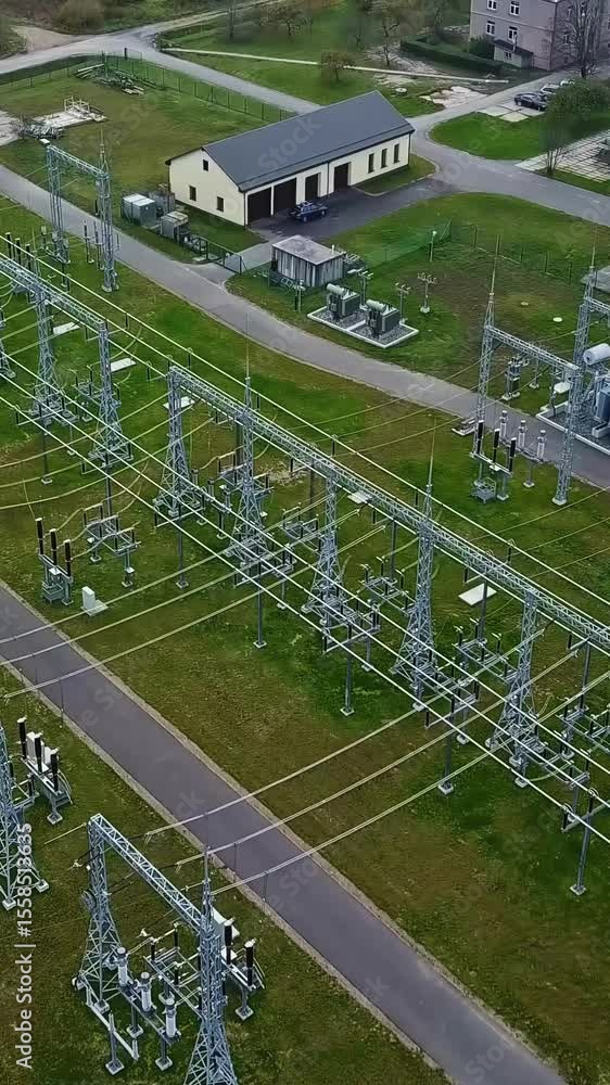 Poster aerial view of an electrical substation for transforming and routing electricity to different areas
