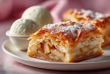Freshly Baked Apple Strudel with Flaky Pastry and Vanilla Ice Cream on a Plate Surrounded by Soft Pink Fabric Background