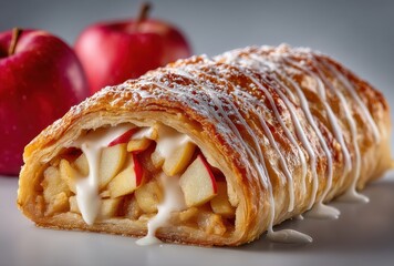 Freshly Baked Apple Strudel with Flaky Pastry and Sweet Glaze Surrounded by Juicy Red Apples and a Soft Background for Culinary Delight
