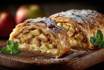 Freshly Baked Apple Strudel with Flaky Pastry, Sweet Cream Filling and Powdered Sugar Garnish on Rustic Wooden Board Surrounded by Apples