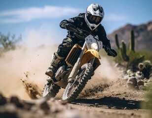 motocross rider kicking up dust, rocks in the background, bold and gritty style