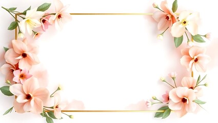 Elegant peach and white flowers adorn a golden rectangular frame with copy space