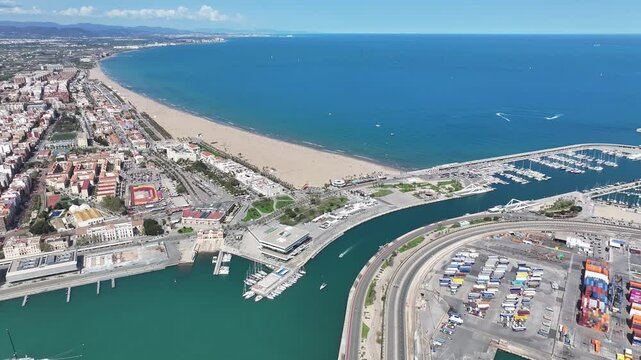 Las Arenas Beach At Valencia In Valencian Community Spain. Urban Beach. Bay Water Scenery. Downtown City. Las Arenas Beach At Valencia In Valencian Community Spain. Peaceful Landscape.