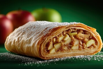 Freshly Baked Apple Strudel with Golden Layers and Powdered Sugar on a Vibrant Green Background Surrounded by Fresh Apples