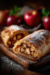 Freshly Baked Apple Strudel with Golden Pastry and a Sprinkle of Powdered Sugar Surrounded by Juicy Red Apples on a Rustic Wooden Surface