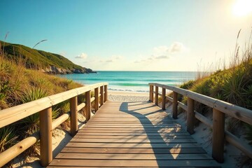 Rustic Wooden Walkway to Sandy Beach at Sunset Peaceful Coastal Summer Vacation Scene