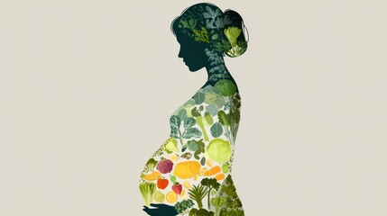 Prenatal vitamin. Pregnant woman silhouette filled with colorful vegetables and plants.