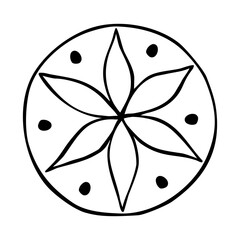 Stylized botanical flower drawn as a simple mandala, hand-drawn in black and white vector style. Suitable for logos, packaging, tattoos, posters, textile prints, and coloring pages.