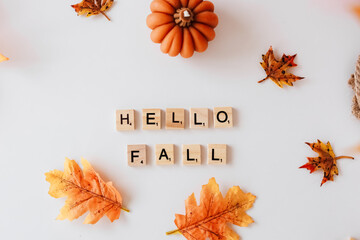 Autumn decoration with wooden blocks spelling hello fall and colorful leaves