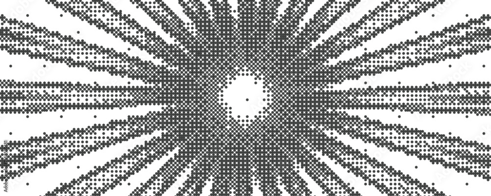 Poster Sun rays bitmap background. Speed lines explosion, sunburst with abstract pixel art vector texture.