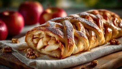 Freshly Baked Apple Strudel with Lattice Pastry, Surrounded by Juicy Red Apples and Walnuts on a Wooden Board, Perfect for Autumn Desserts
