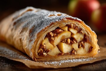 Freshly Baked Apple Strudel with Melted Butter and Topped with Powdered Sugar Placed on Wooden Surface with Apples in the Background