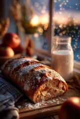 Freshly Baked Apple Strudel with Milk and Apples on Wooden Table by a Rainy Window During a Cozy Evening in Autumn