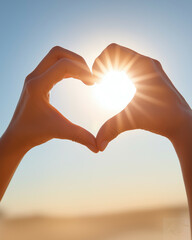 hands forming a heart shape with sunlight in the background