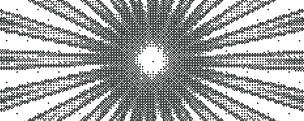 Sun rays bitmap background. Speed lines explosion, sunburst with abstract pixel art vector texture.