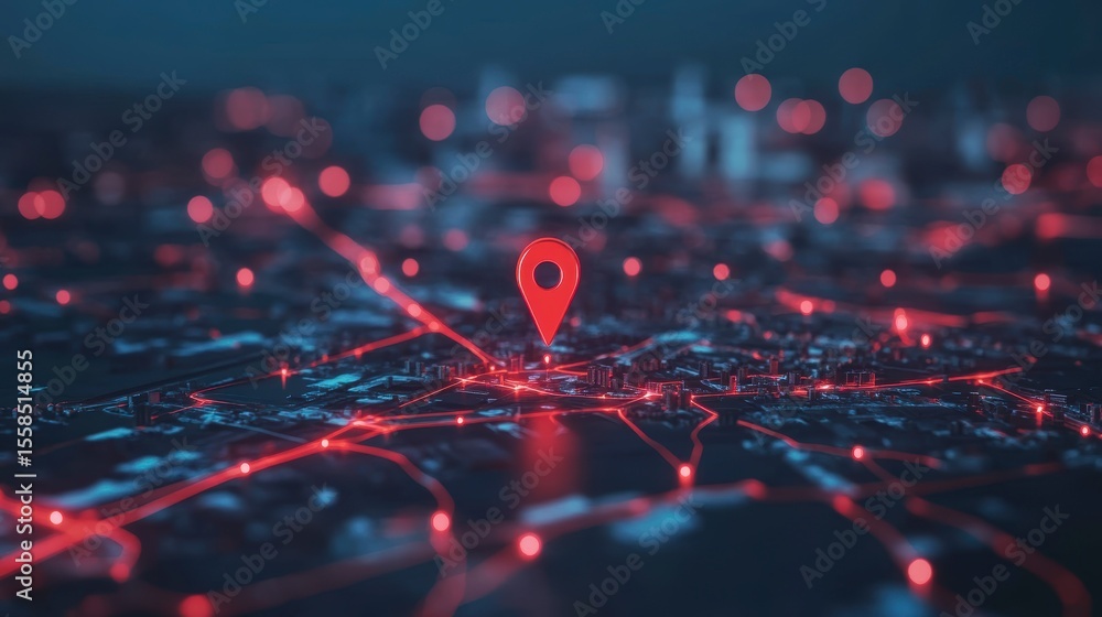 Poster Red location pin on a digital city map with glowing roads.