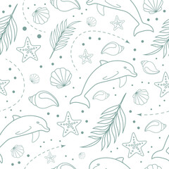 Seamless vector summer pattern with delicate linear dolphins, seashells, starfish, palm leaves and travel arrows. Perfect for vacation, beach products, textiles, and wrapping.