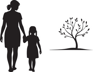 Black Silhouette Woman Child Holding Hands Near Small Tree Vector Illustration girl