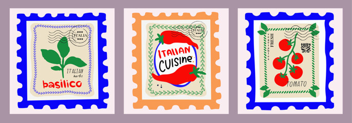 square postal italian flyers, postmark, cards, modern creative, hand drawn, vector illustration, italian cuisine, trendy design
