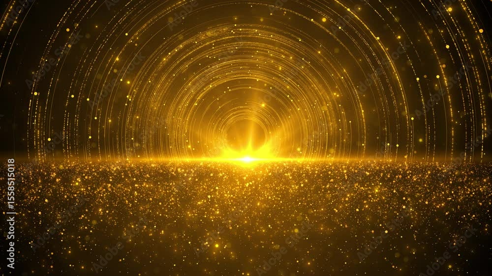 Poster beautiful gold floating dust particles flare on black background in slow motion. 3d animation of dyn