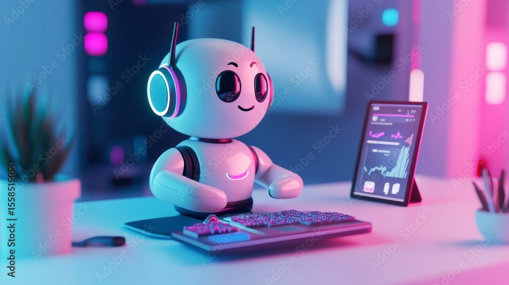 Poster Friendly robot using keyboard and tablet, glowing in neon light.