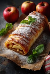Freshly Baked Apple Strudel with Mint Leaves and Red Apples on Rustic Background
