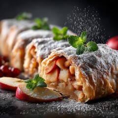 Freshly Baked Apple Strudel with Mint Leaves and Sprinkled Sugar, on a Wooden Table Surrounded by Apple Slices and Red Berries