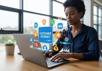 Woman working on laptop with customer journey icons overlay