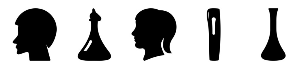 Silhouette Icons Representing Heads, Beaker, and Vases Isolated on White