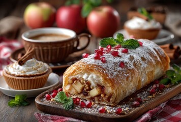 Freshly Baked Apple Strudel with Pomegranate Seeds and Mint Leaves, Accompanied by Coffee and Dessert on Wooden Table with Green Apples