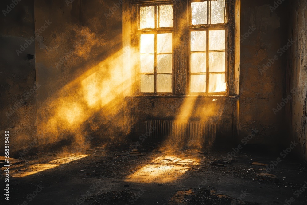 Poster sunlight streams through a dusty window in an abandoned room illuminating the debris on the floor