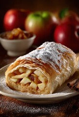 Freshly Baked Apple Strudel with Powdered Sugar and Cinnamon on Wooden Table Surrounded by Apples and Apple Sauce for Autumn Dessert Delight