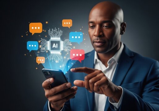 Man using ai on smartphone with speech bubbles around chip