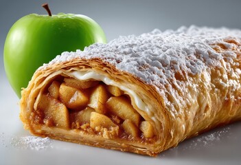 Freshly Baked Apple Strudel with Powdered Sugar and Green Apple on a Light Background, Perfect for Dessert Lovers and Culinary Enthusiasts