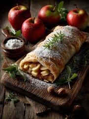 Freshly Baked Apple Strudel with Powdered Sugar and Herbs on Wooden Board Surrounded by Red Apples and Nuts