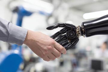 Human and robot hands meet in handshake, symbolizing artificial intelligence collaboration and future technology