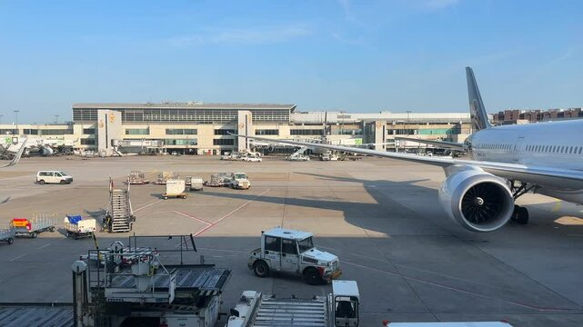 Planes landing and taking off on runway at frankfurt airport germany