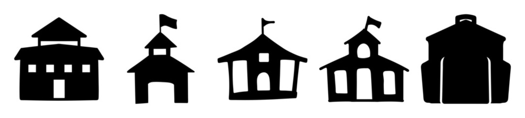 Stylized Silhouette Buildings Illustration Featuring Houses and Towers with Flags and Variety